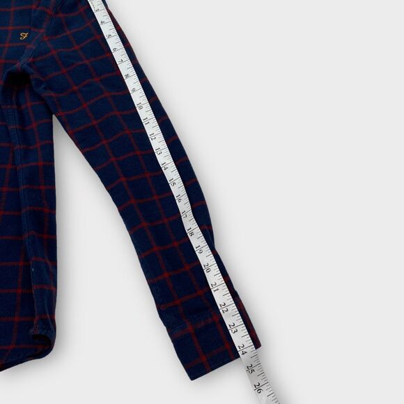 Farah Shirt Mens Small Slim Fit Flannel Windowpane Check Navy Logo Button Down - Picture 12 of 13